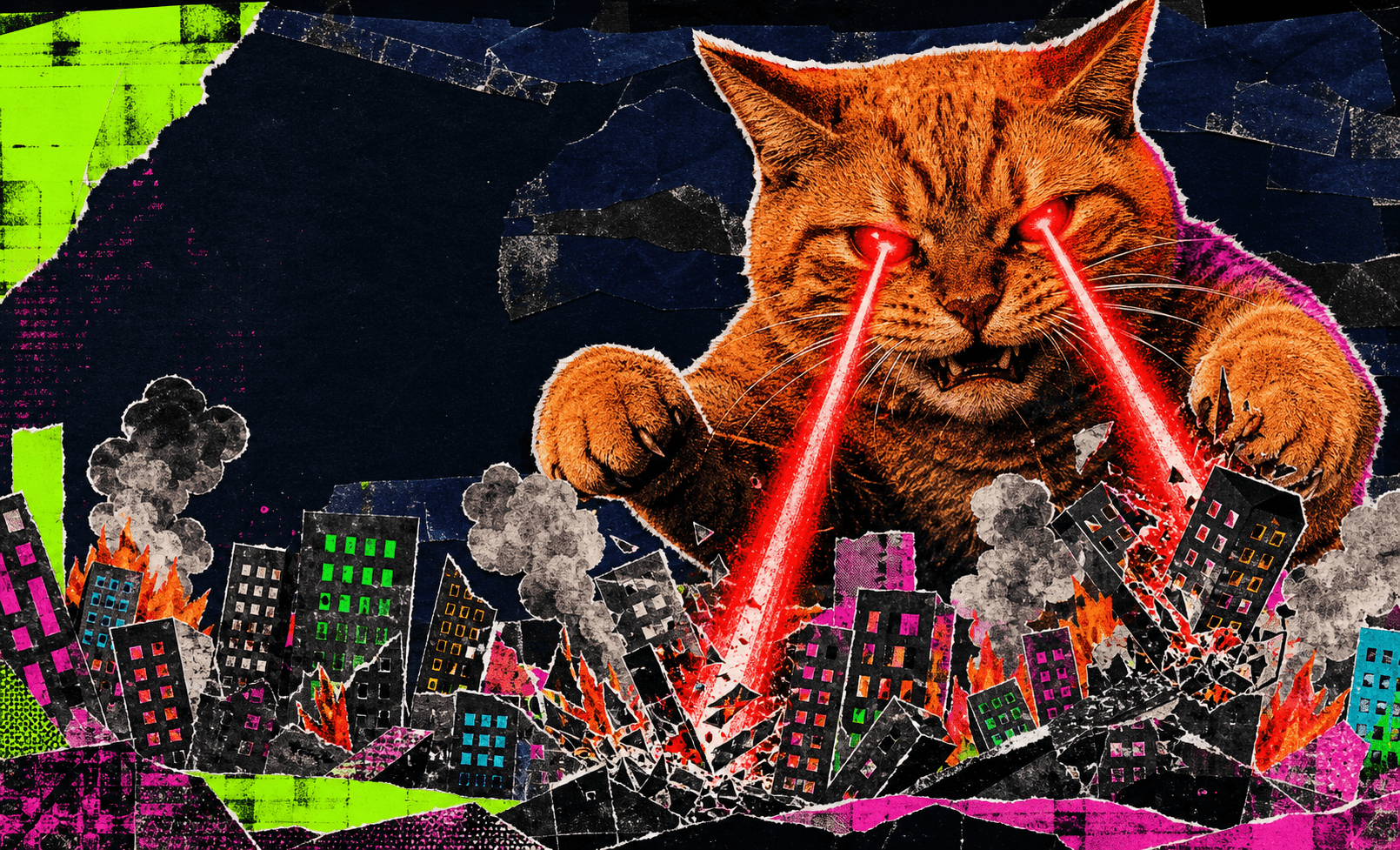 A giant paper-collage orange cat firing red eye lasers into a cutout city